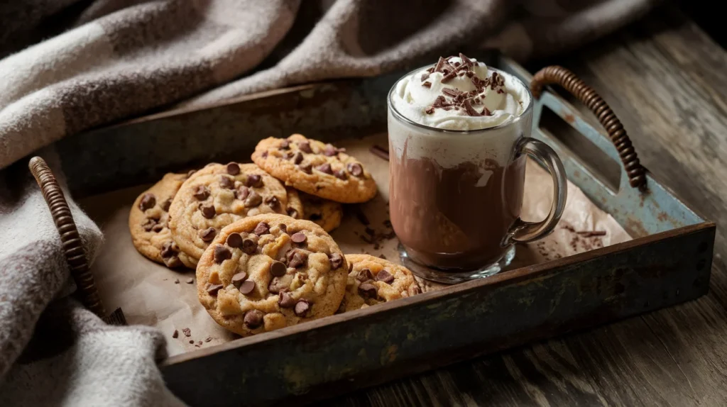 A tray of warm chocolate chip cookies paired with a mug of hot cocoa topped with whipped cream.