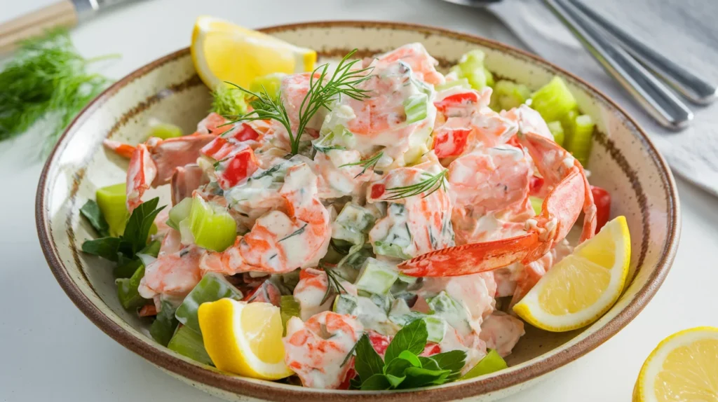 A close-up of a colorful crab salad with fresh vegetables, herbs, and a creamy dressing.