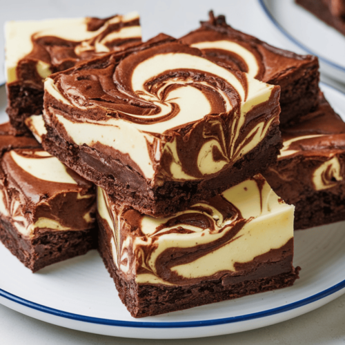 A stack of cream cheese brownies with a marbled cream cheese swirl and fudgy chocolate layers, placed on a wooden serving board.