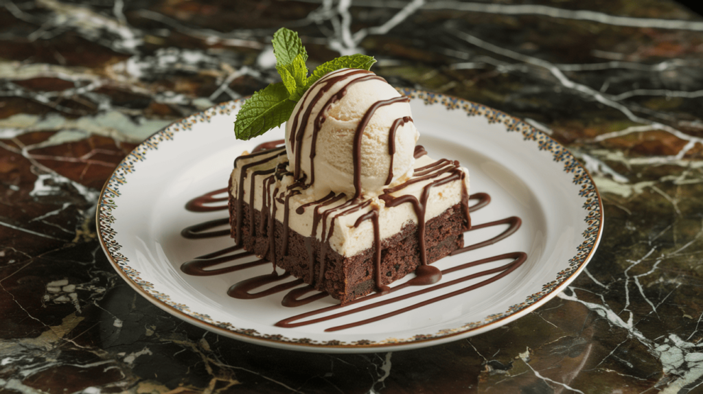 Cream cheese brownies served with a scoop of vanilla ice cream on a dessert plate, garnished with chocolate sauce and a mint leaf.