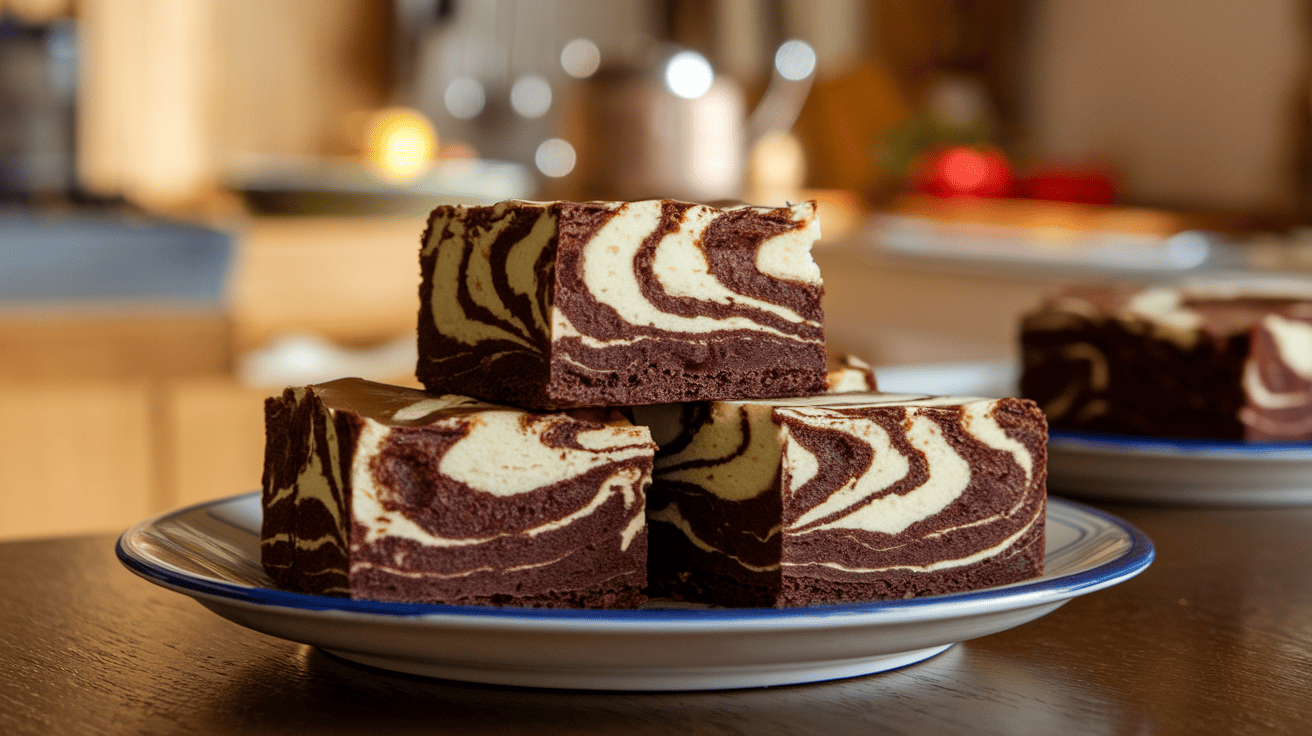 A close-up of a plate of cream cheese brownies, showcasing the swirled marbled design of the cream cheese layer over the rich chocolate brownie base.