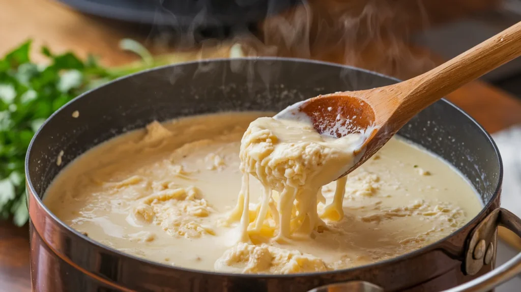 Parmesan cheese being stirred into a creamy soup base.