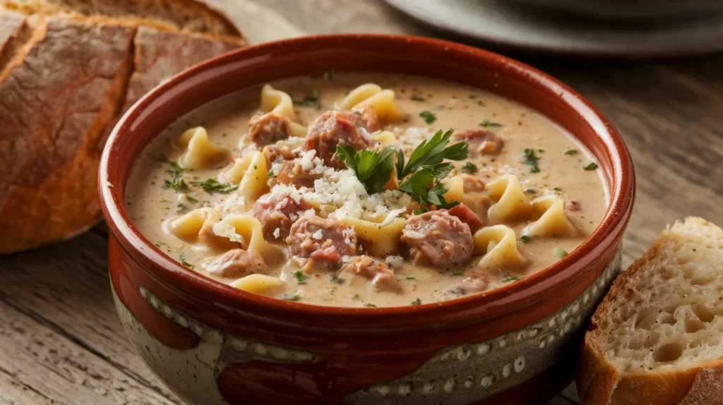 A hearty bowl of creamy Parmesan Italian sausage soup topped with fresh parsley and grated Parmesan cheese.