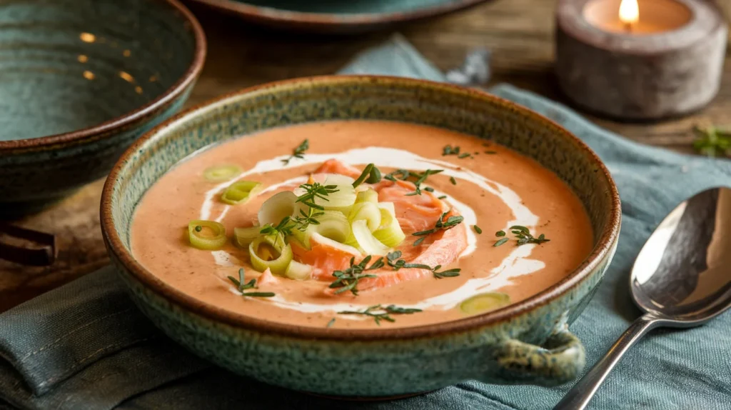 A bowl of creamy salmon leek soup with chunks of salmon, finely chopped leeks, and a swirl of cream.