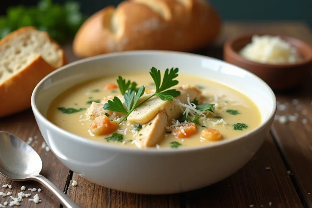 A bowl of creamy Tuscan chicken soup garnished with fresh herbs and served with crusty bread.