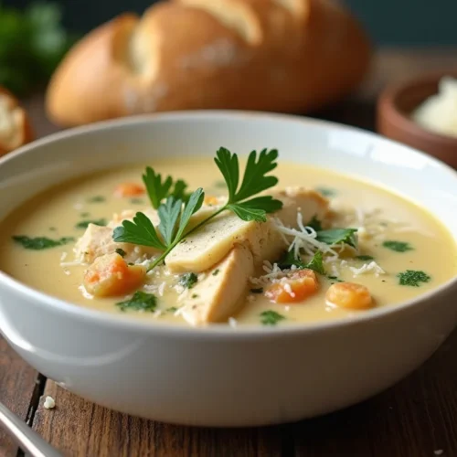 A bowl of creamy Tuscan chicken soup garnished with fresh herbs and served with crusty bread.