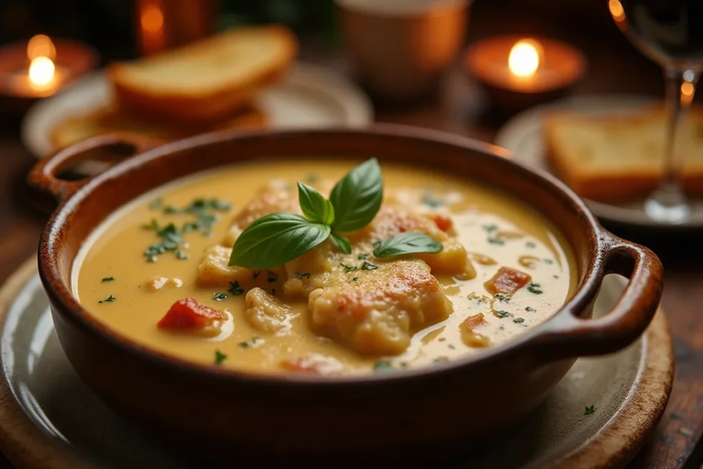 Creamy Tuscan chicken soup paired with a fresh green salad and crusty artisan bread.