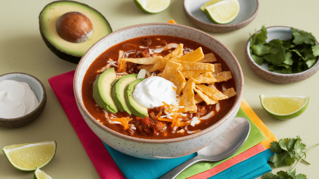 A serving of taco soup topped with avocado slices, tortilla strips, sour cream, and shredded cheese.