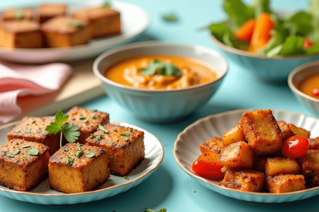 Different types of tofu arranged on a wooden board, labeled as silken tofu, firm tofu, fried tahu, and smoked tofu.