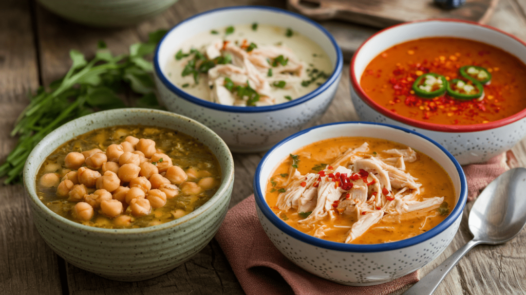 Three bowls of swamp soup showcasing variations: a vegan version with chickpeas, a meat-lover's version with shredded chicken, and a spicy version with red chili flakes and jalapeños.