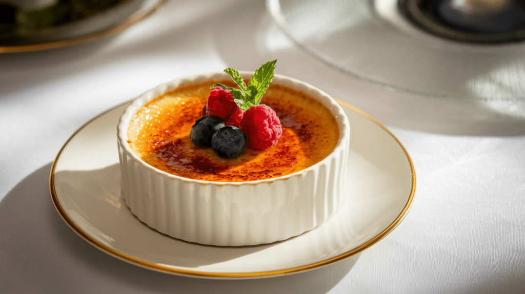 Crème brûlée with a caramelized sugar topping and fresh berries on top.