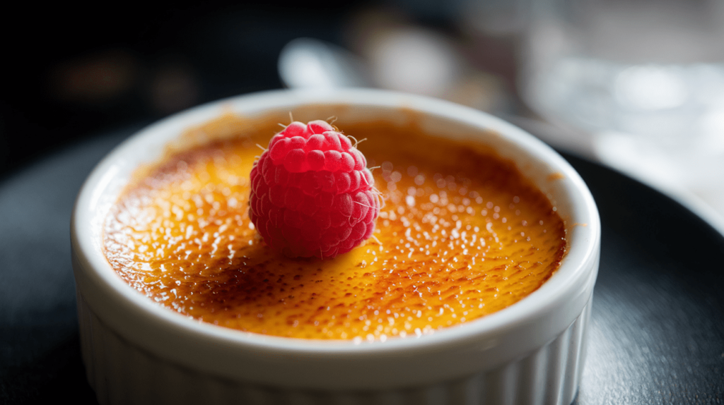 A crème brûlée served in a ramekin, with a perfectly caramelized sugar crust and a single raspberry garnish.