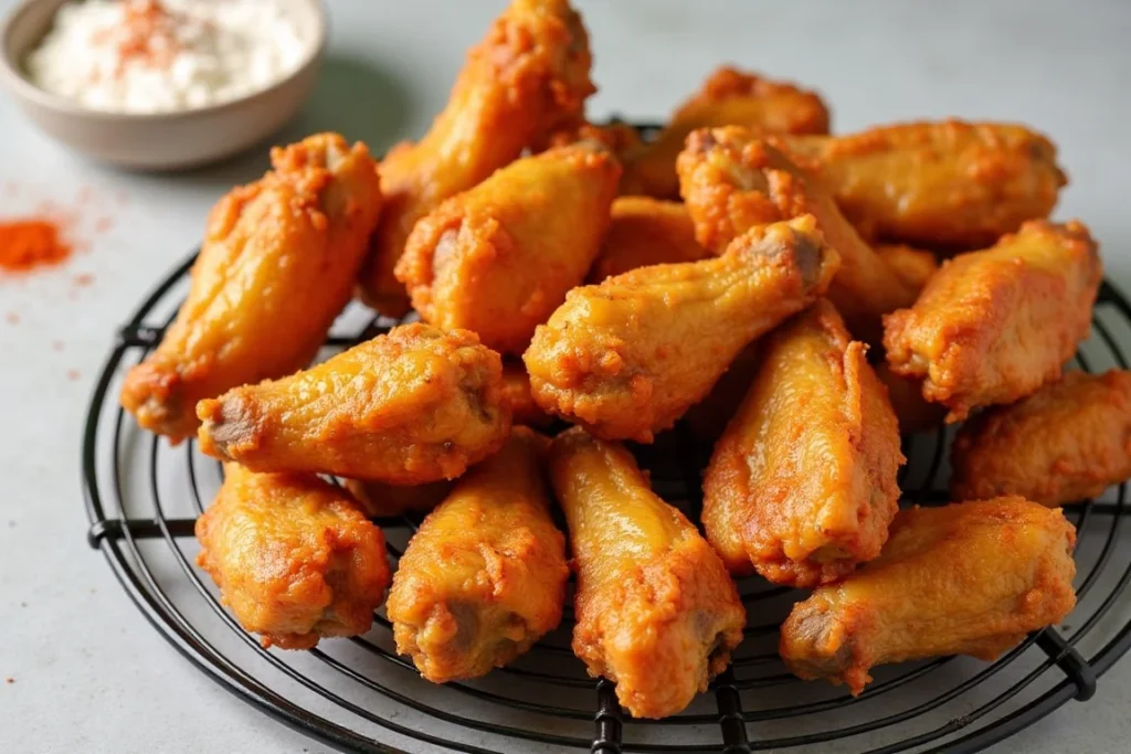 Golden crispy chicken wings on a cooling rack with cornstarch and paprika nearby.