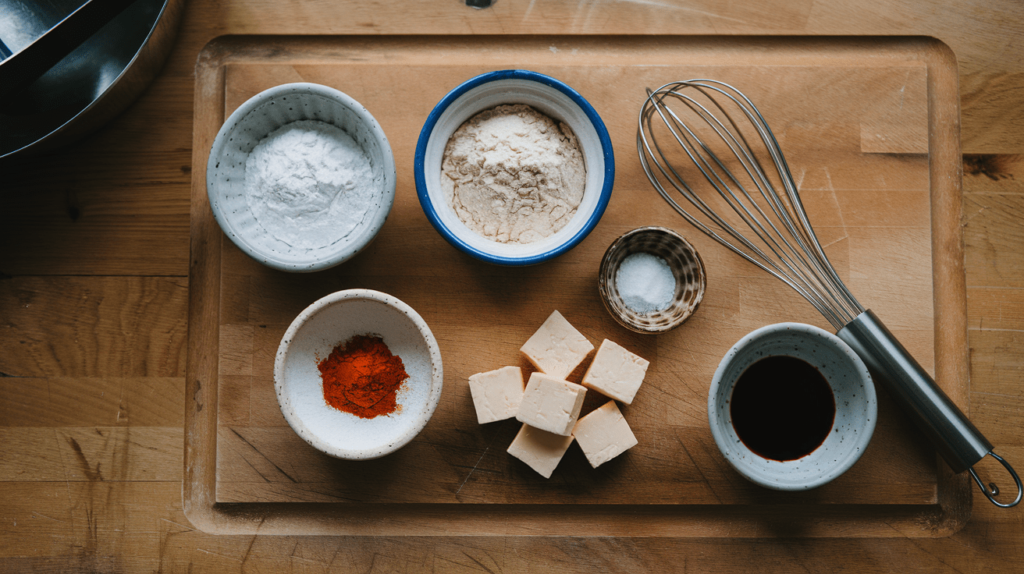 Bowls of cornstarch, flour, and spices like paprika and garlic powder arranged