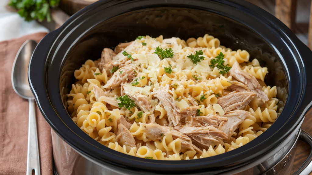 A crockpot filled with creamy garlic parmesan chicken pasta, garnished with parsley.