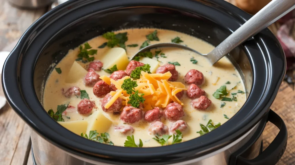 A crockpot filled with creamy hamburger potato soup, garnished with parsley and shredded cheese.