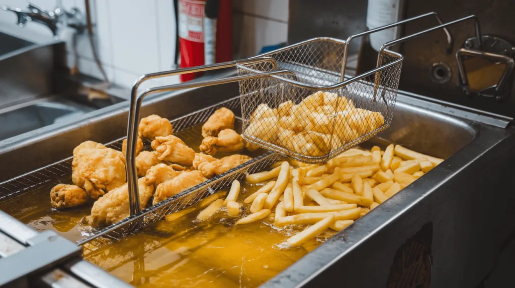A shared fryer being used to cook both meat-based and vegetarian items, raising concerns about cross-contamination.