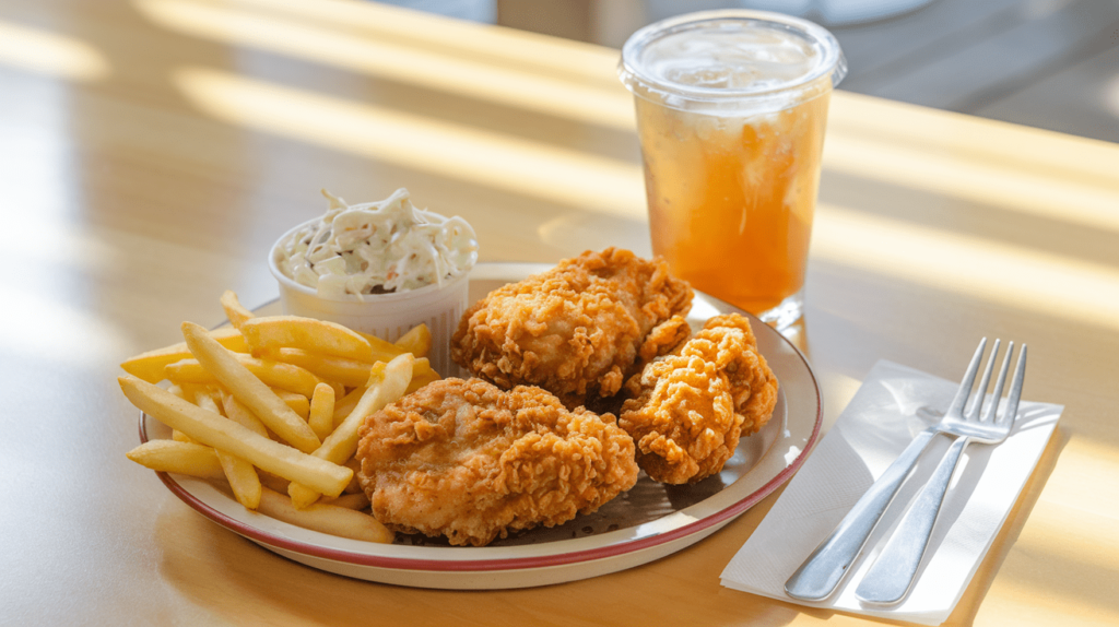 A Crown Fried Chicken meal featuring golden fried chicken, crispy fries, coleslaw, and a refreshing drink.