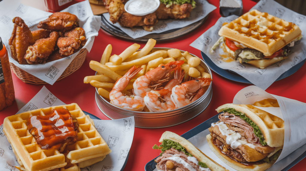 A variety of dishes from Crown Fried Chicken’s menu, including chicken wings, shrimp platters, and chicken and waffles.