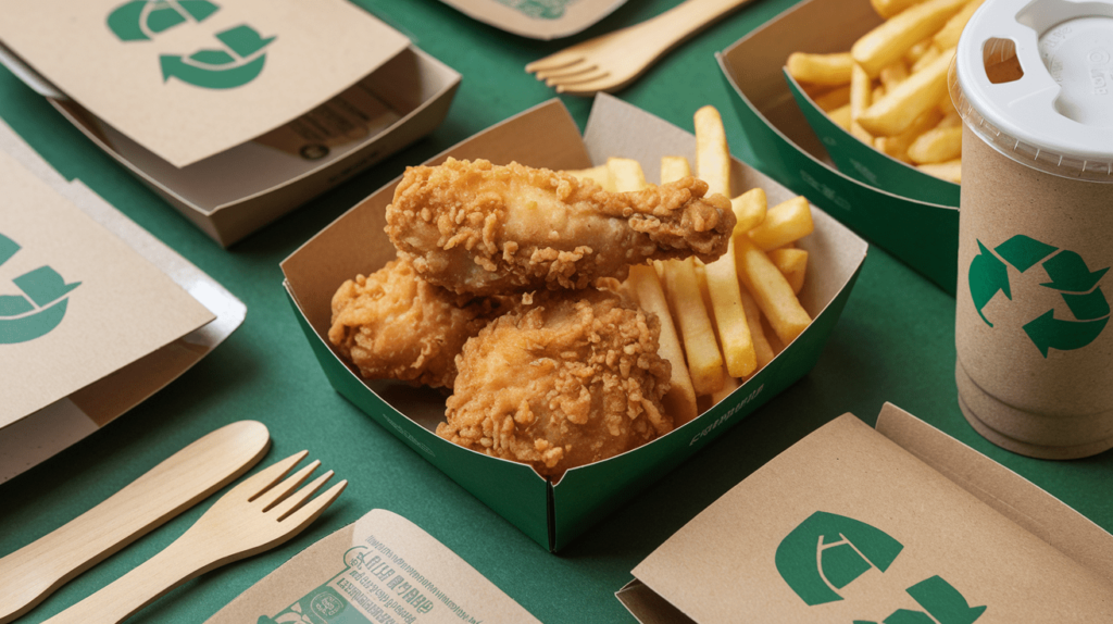 Eco-friendly packaging used at some Crown Fried Chicken locations, including compostable boxes and utensils.