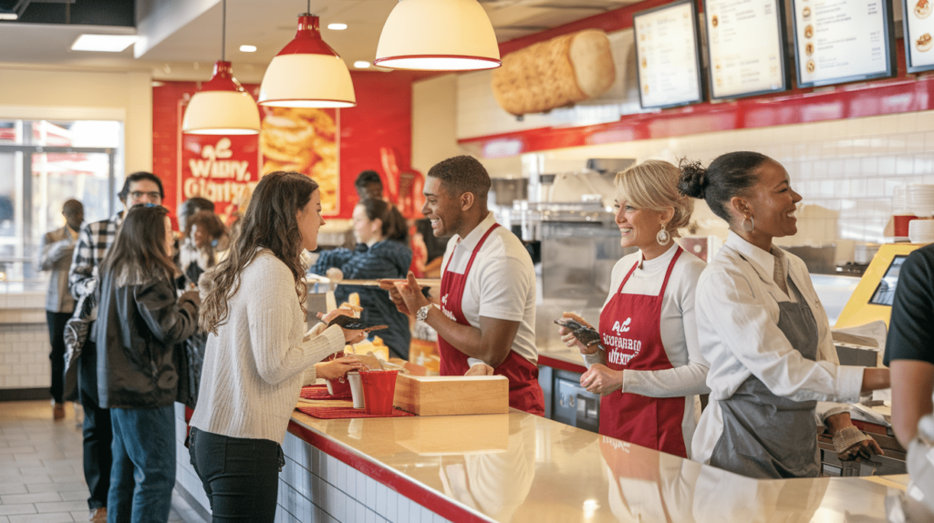 Franchise owners of Crown Fried Chicken interacting with customers inside a restaurant.