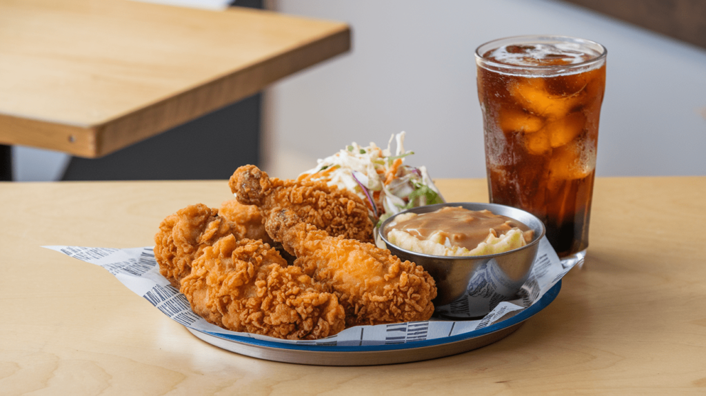 A Crown Fried Chicken meal spread with crispy fried chicken, mashed potatoes, coleslaw, and a drink.