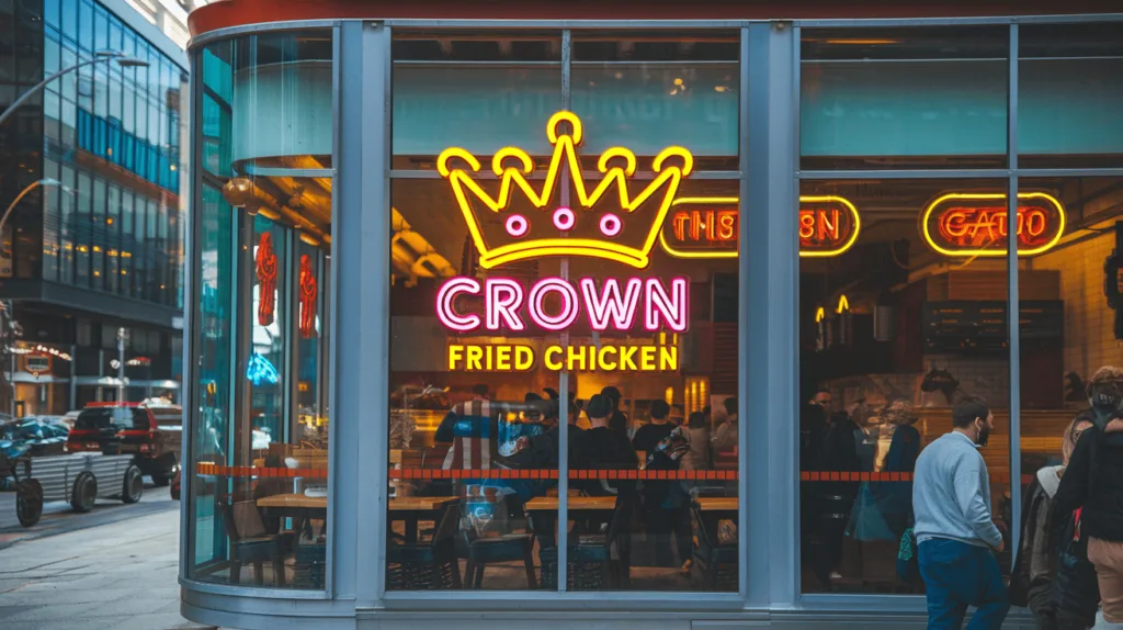 A vibrant Crown Fried Chicken storefront in a busy urban neighborhood.