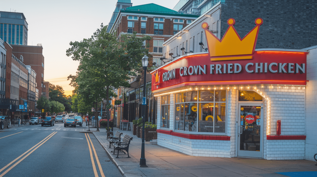 The iconic storefront of a Crown Fried Chicken restaurant with red-and-white signage and crown motifs.