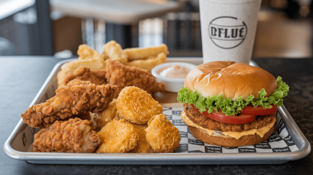 A Crown Fried Chicken meal with a mix of traditional fried chicken and plant-based vegetarian alternatives.