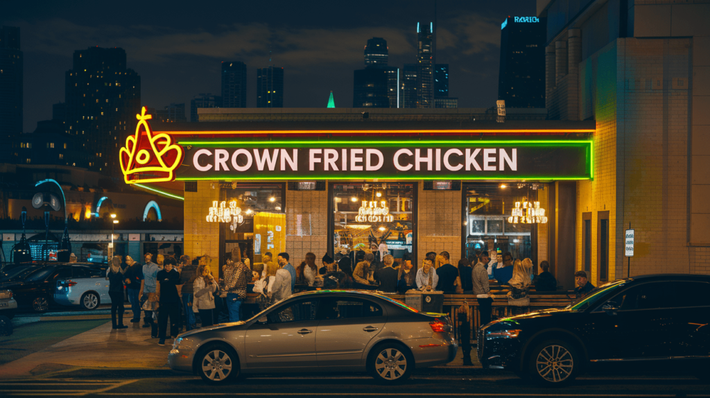 A Crown Fried Chicken restaurant at night with bright lights and a bustling urban crowd.