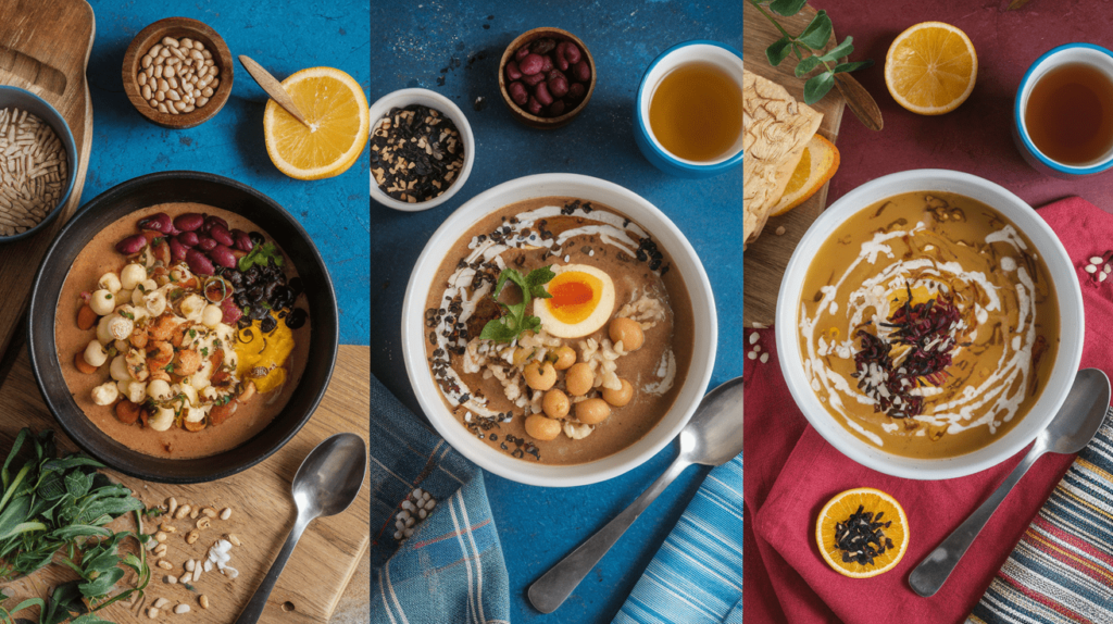 A triptych showing variations of Stone Soup: Portuguese Sopa da Pedra with beans and sausage, French-style Stone Soup with herbs and bread, and an Asian version with rice and tea.