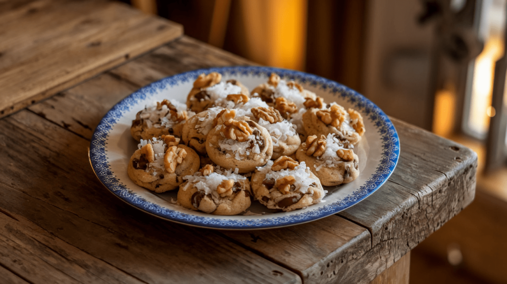 Chocolate chip cookies topped with sea salt, chopped nuts, and coconut flakes on a decorative plate.