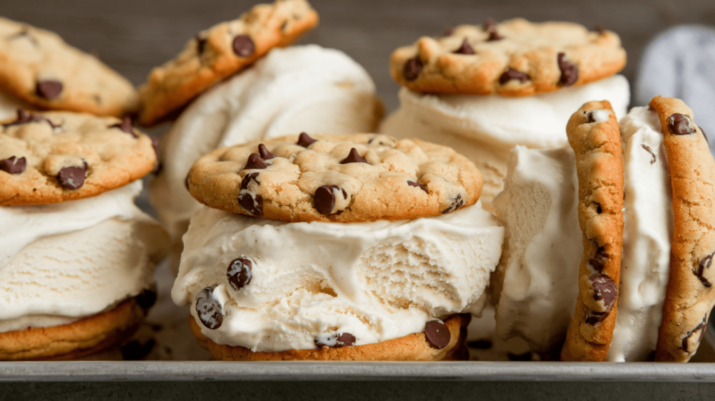 Ice cream sandwiches made with chocolate chip cookies and vanilla ice cream.