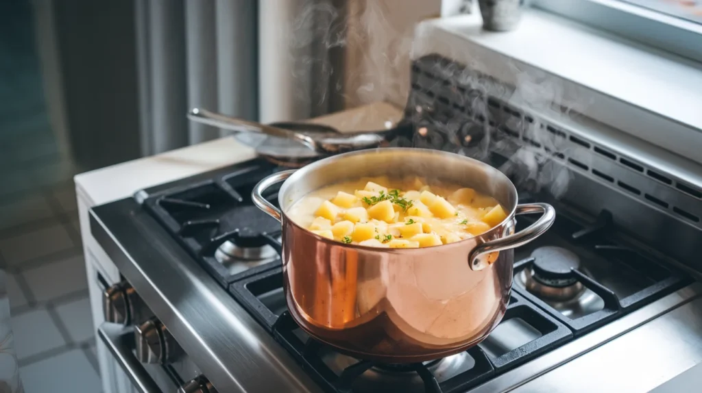 A dairy-free potato soup base in a pot, ready for freezing to maintain texture after reheating.