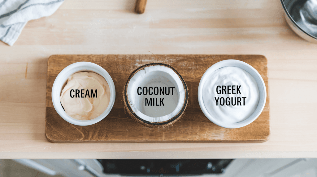 A selection of cream, coconut milk, and yogurt for enhancing soups.