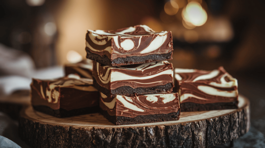 A close-up view of cream cheese brownies with a glossy chocolatey top and delicate cream cheese swirls, showcasing their fudgy and creamy textures.