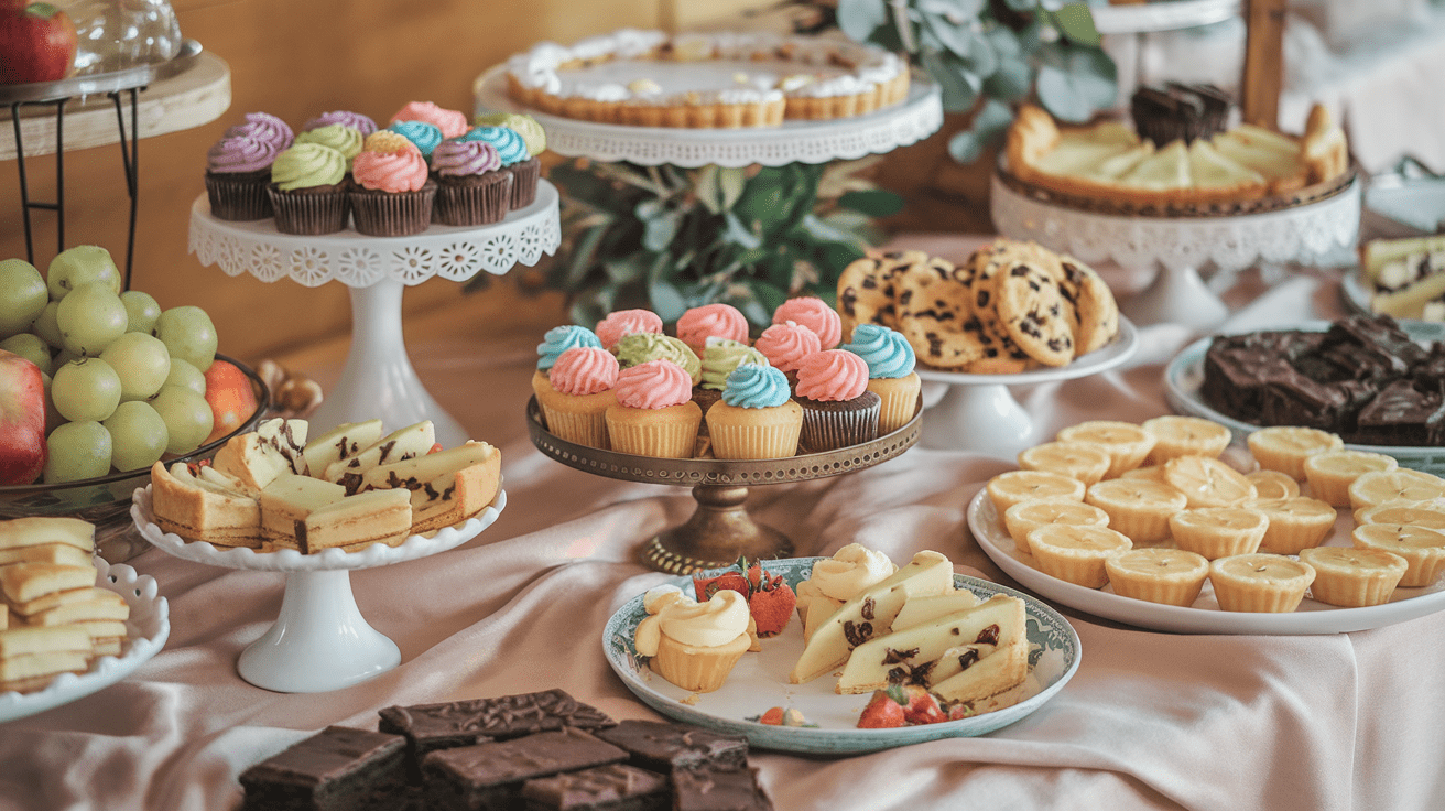 An elegant spread of assorted desserts, including cupcakes, pies, cookies, and fruit tarts, beautifully arranged on a dessert table.