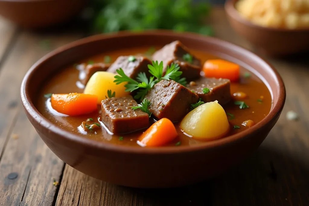 A bowl of Dinty Moore beef stew, featuring chunks of tender beef, carrots, and potatoes in a rich, savory gravy