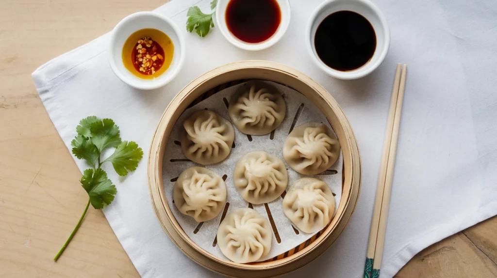 Small bowls of dipping sauces, including chili oil, black vinegar, and soy sauce, arranged with fresh dumplings.