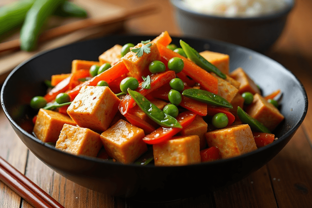 A vibrant stir-fry dish featuring crispy tofu, mixed vegetables, and a glossy soy-based sauce served in a wok.