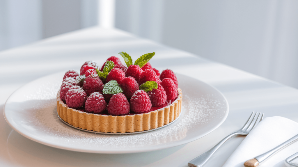 A beautifully plated raspberry tart garnished with fresh mint leaves and powdered sugar.