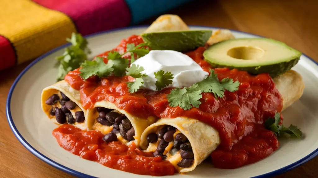 A plate of enchiladas stuffed with black beans and cheese, topped with red sauce and fresh cilantro.