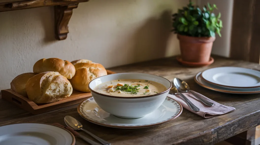 A cozy dining table with a bowl of creamy chicken soup and bread rolls on a wooden tray.