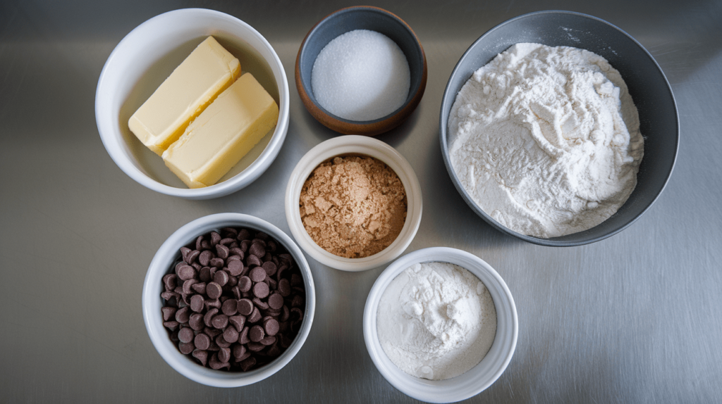 Baking ingredients, including butter, brown sugar, flour, chocolate chips, and vanilla extract, neatly arranged on a countertop.