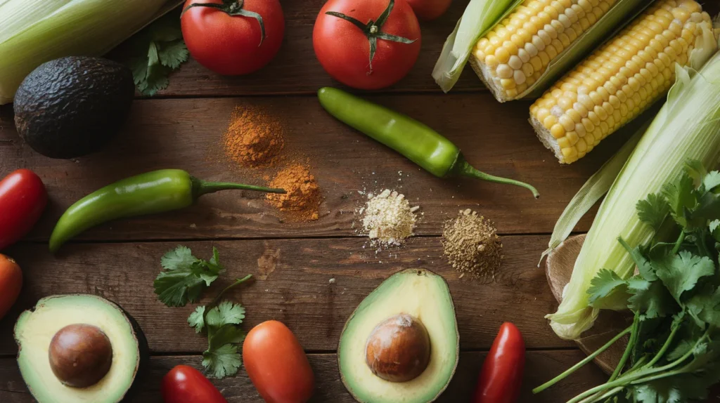 A flat-lay of fresh Mexican ingredients, including avocados, tomatoes, chilies, corn, and cilantro, on a rustic wooden table.