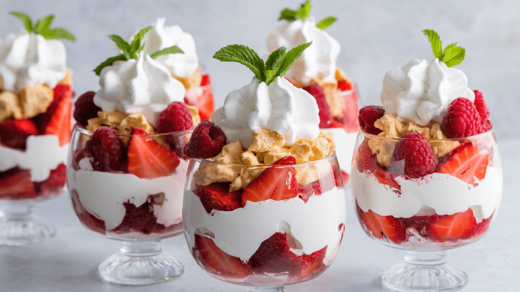 Layered Eton Mess dessert in clear glasses, featuring whipped cream, meringue, and fresh berries.