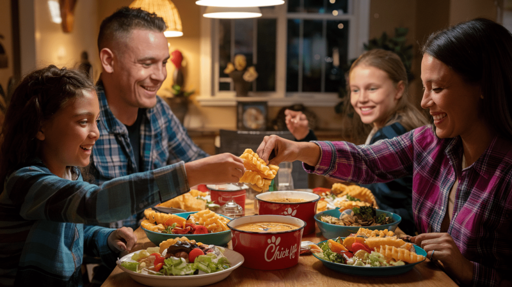 A family gathered around a dinner table enjoying Chick-fil-A soups with side dishes, smiling and sharing a warm moment.