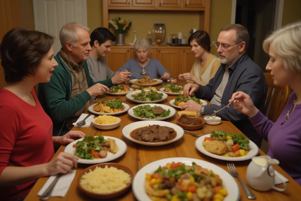 A family enjoying a meal together with classic Betty Crocker dishes on the table.