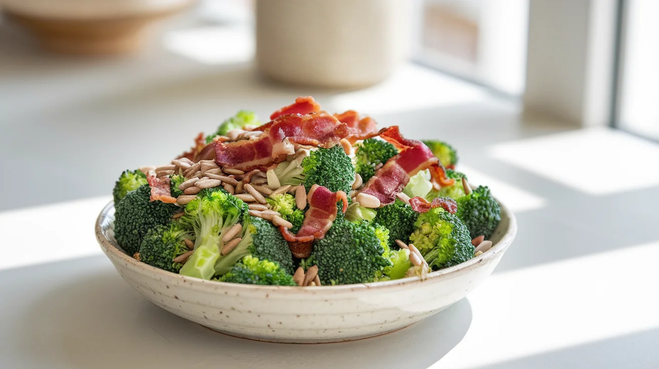 A close-up of a colorful bowl of Chicken Salad Chick broccoli salad garnished with bacon, sunflower seeds, and a creamy dressing, set against a bright and airy background.