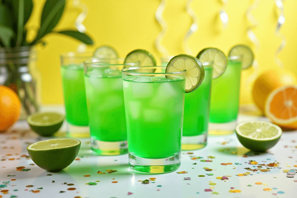 A festive display of non-alcoholic green tea shots in small glasses with lime wedges, surrounded by colorful party decorations.